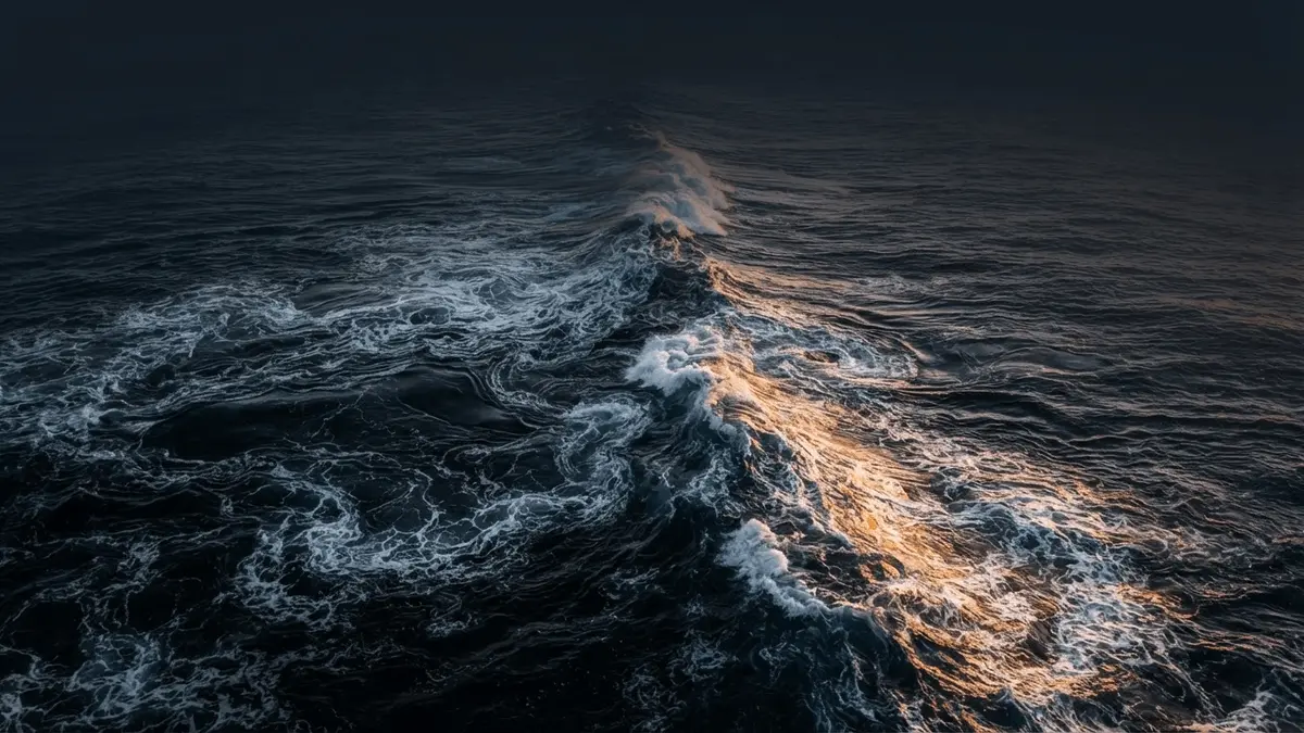 Ocean wave splitting into two currents with gold highlights representing Bitcoin whale distribution