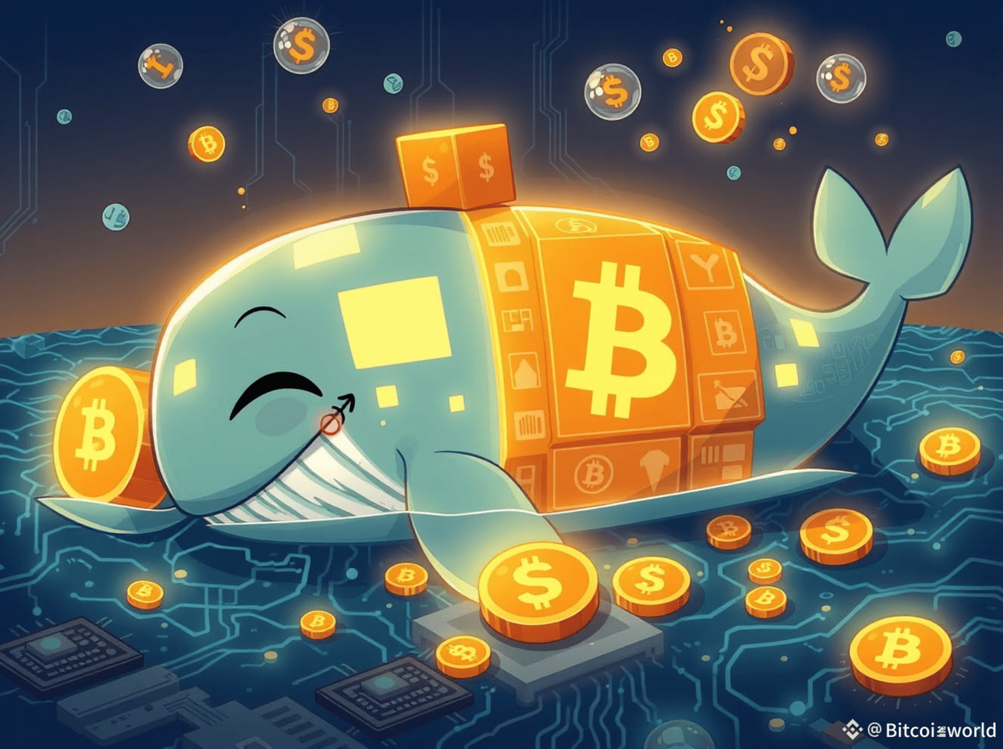 A cartoon whale surrounded by Bitcoin and dollar symbols, on a digital background.