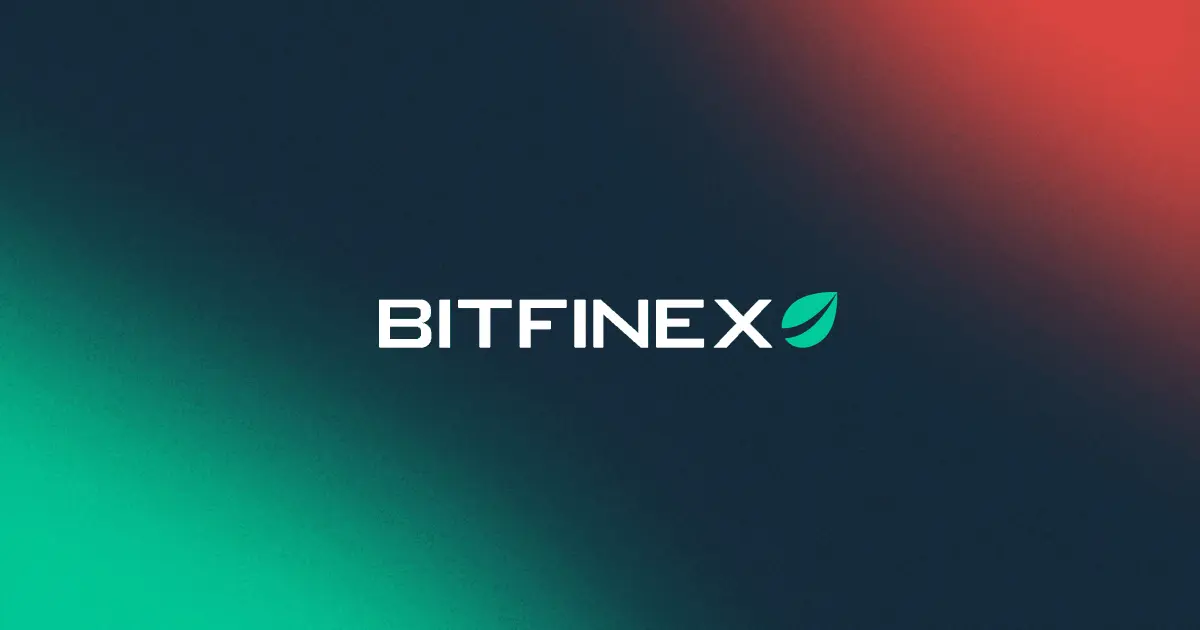 Bitfinex cryptocurrency exchange logo featuring white text and a green leaf icon on a dark gradient background.