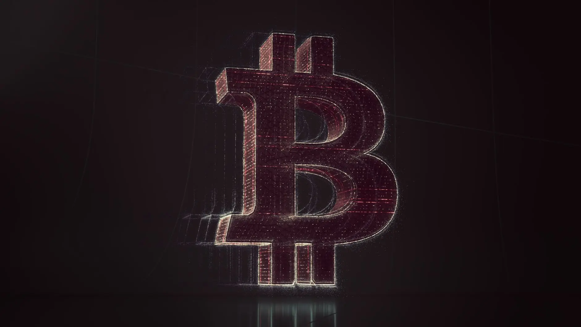 3D digital visualization of the Bitcoin symbol on a dark background.