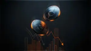 Bitcoin and Ethereum coins falling through dark space with downward market data visualization