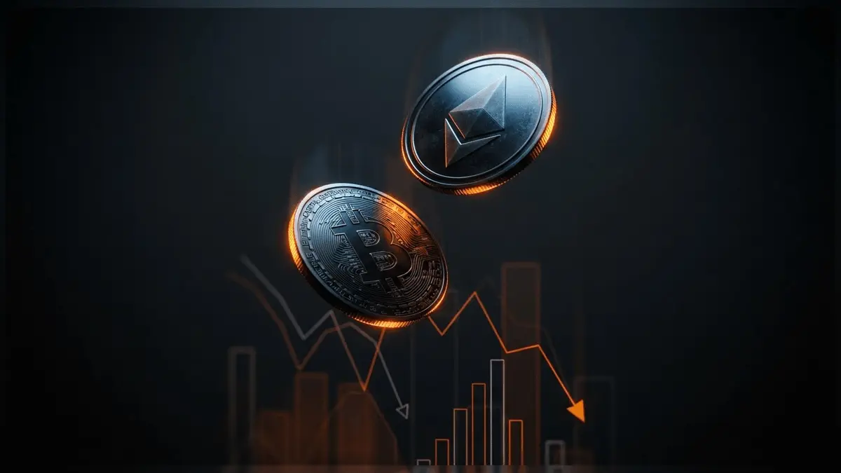 Bitcoin and Ethereum coins falling through dark space with downward market data visualization