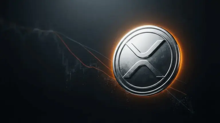 XRP cryptocurrency token rising with orange glow against dark background showing technical analysis patterns