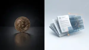 Bitcoin coin isolated from glowing regulatory documents and crypto exchange infrastructure with orange data highlights