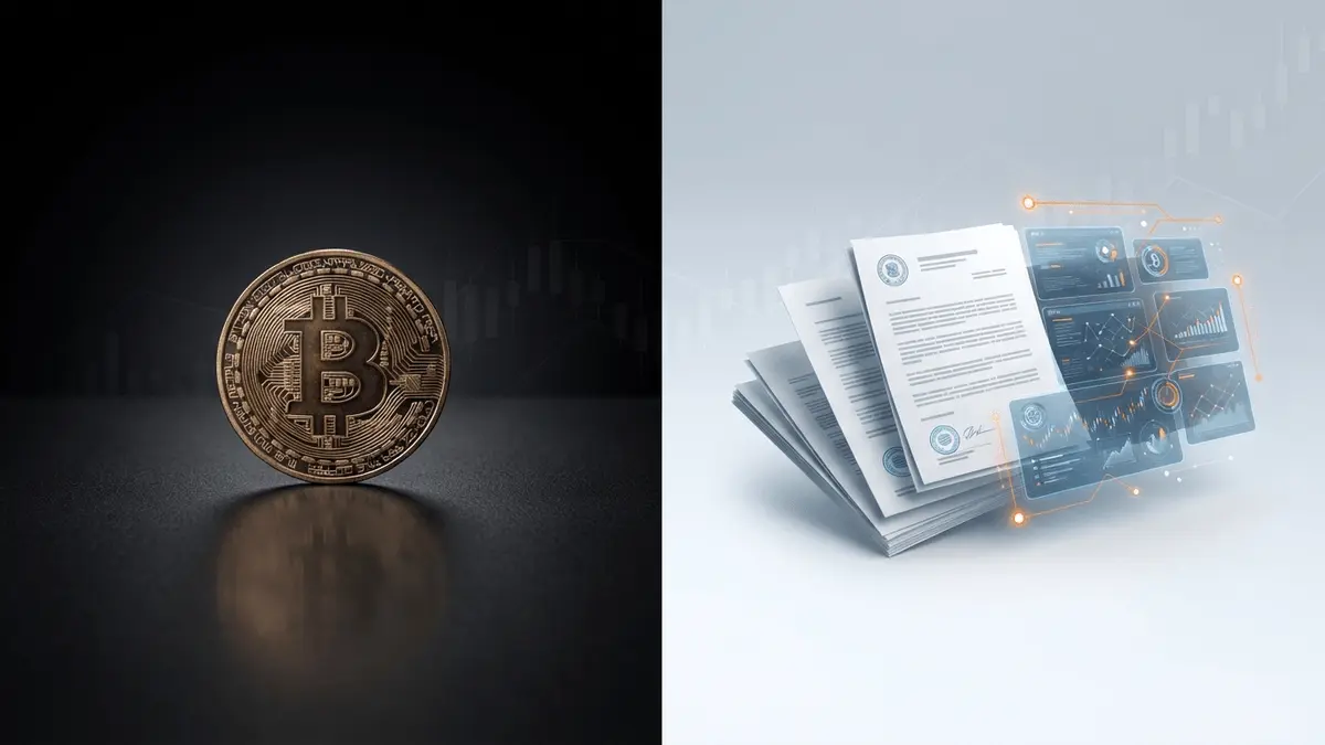 Bitcoin coin isolated from glowing regulatory documents and crypto exchange infrastructure with orange data highlights