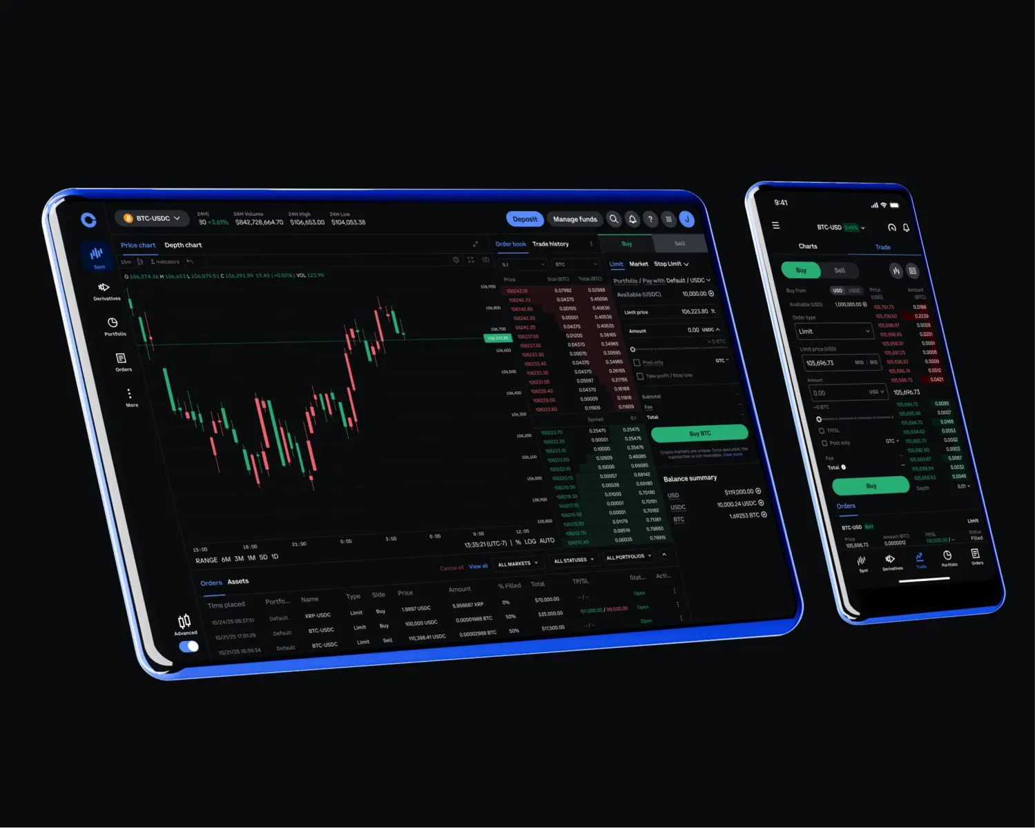 Screenshots of the Coinbase Advanced crypto exchange interface on a desktop monitor and a mobile smartphone
