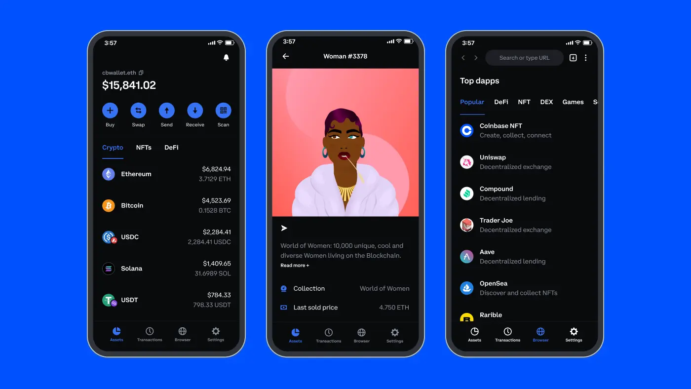 Coinbase mobile app interface displaying crypto wallet and NFTs.