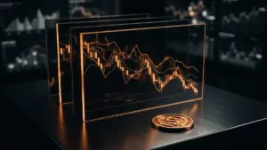 Financial charts trending downward with gold accent lighting on black background representing crypto market volatility
