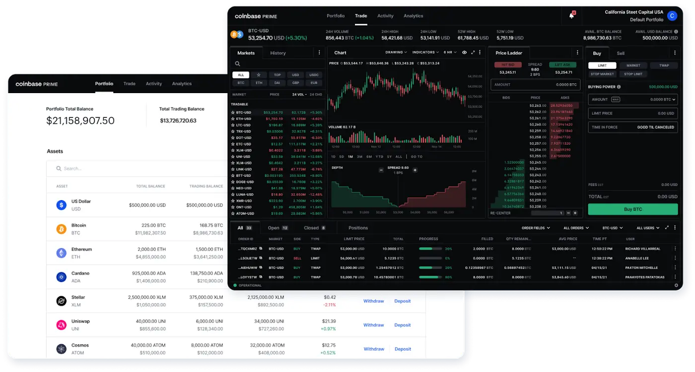 Screenshot of Coinbase Prime institutional trading app interface showing portfolio details and market data.