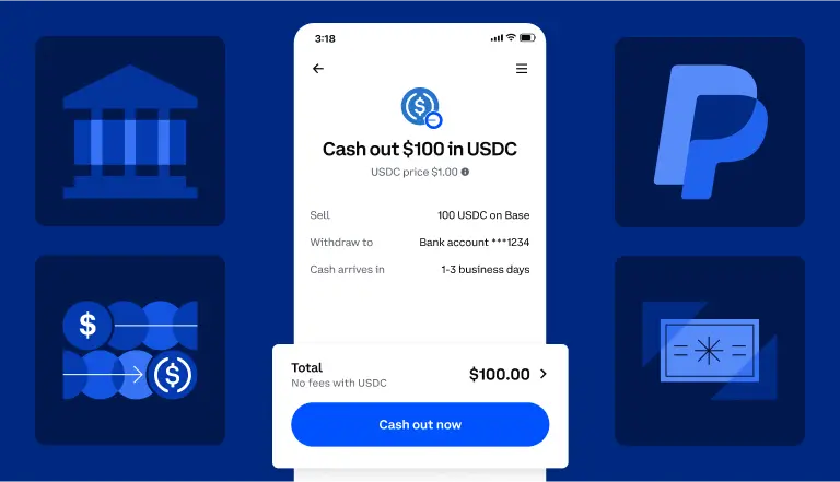 Screenshot of Coinbase USDC app cash out feature with bank withdrawal details.