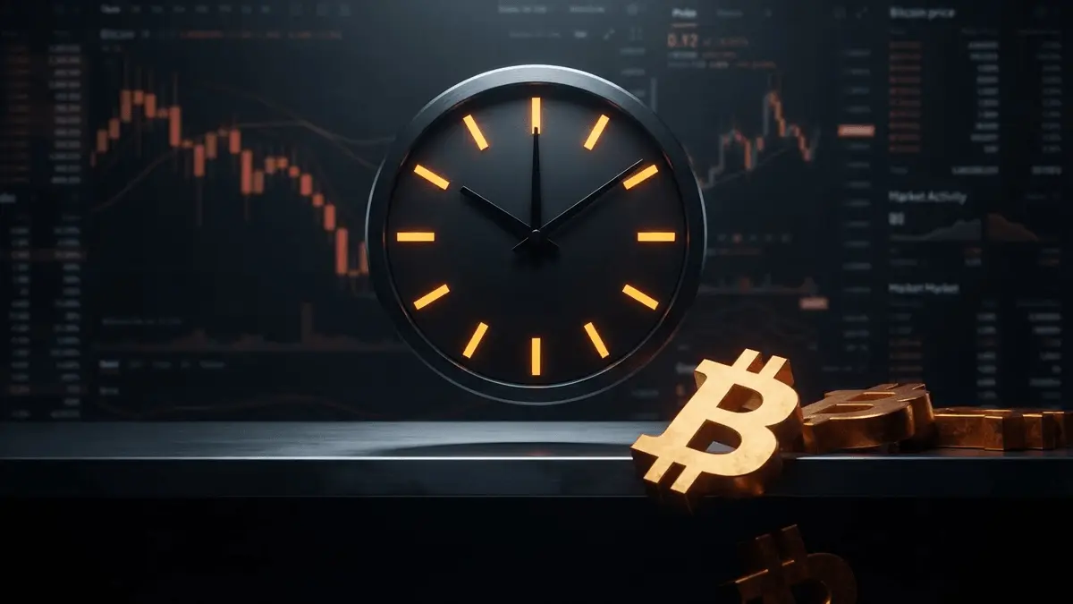 Clock at 12-hour mark with Bitcoin collateral blocks on financial dashboard showing margin call urgency