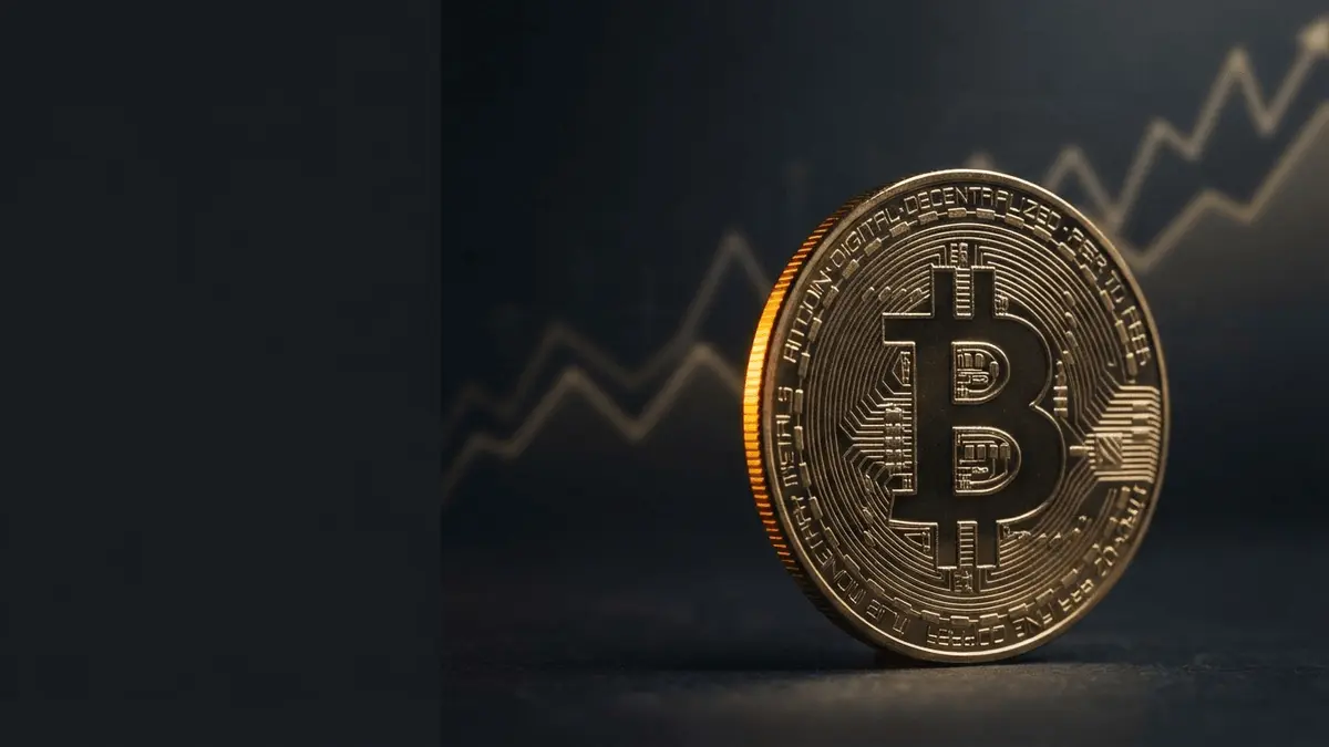 Bitcoin coin with upward trending chart visualization on dark background