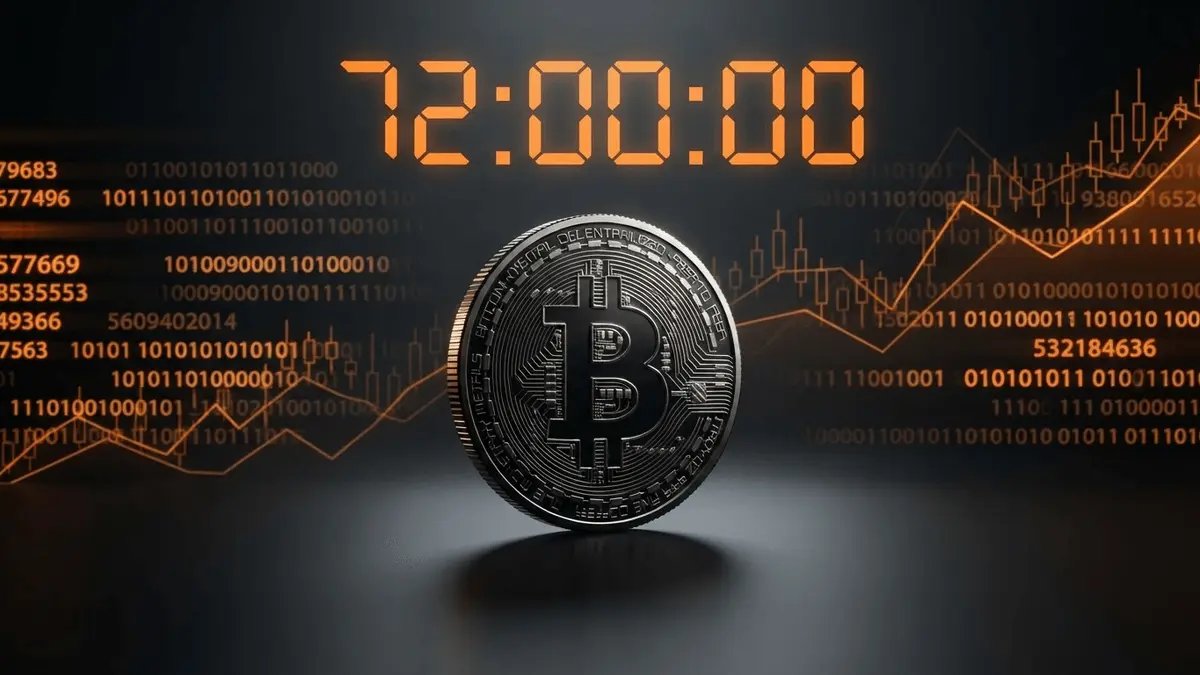 Bitcoin coin with countdown timer and financial data streams in dramatic lighting