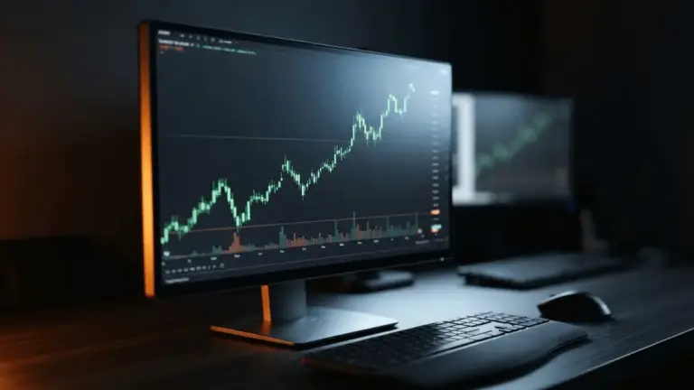 Bitcoin trading monitor showing green candlestick chart with upward trend in dramatic lighting
