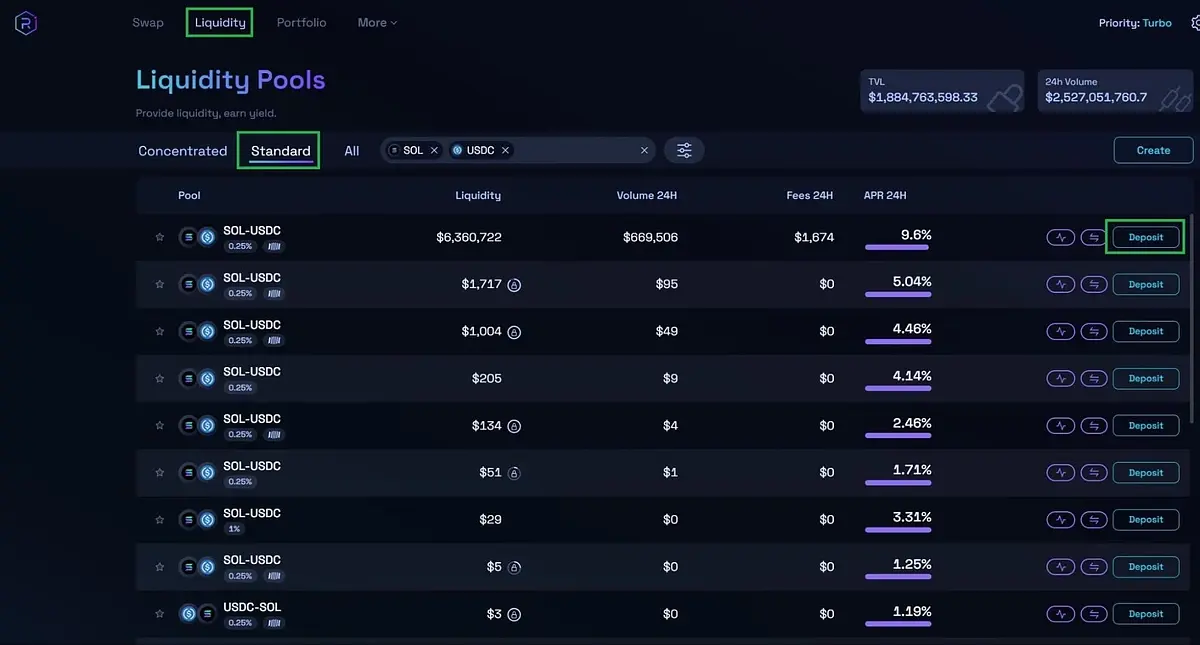 Screenshot of a DeFi liquidity pool interface displaying various pools and their yields.
