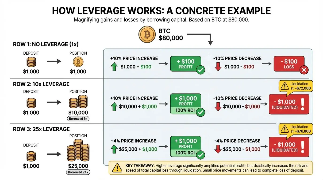 A detailed chart explaining crypto trading leverage with examples of profit and loss.