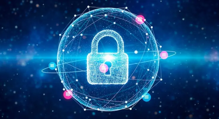 Digital padlock icon inside a glowing blue network sphere with connecting nodes on a dark starry background