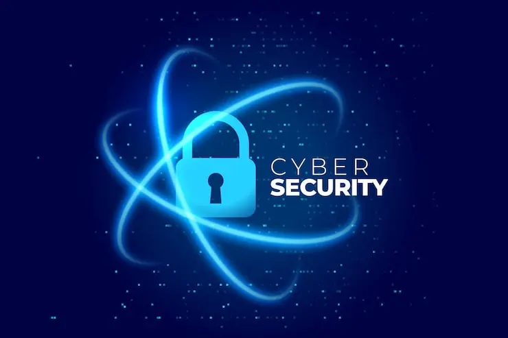 A glowing blue digital padlock centered within orbital light rings on a dark blue tech background