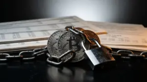 Bitcoin coins locked with chains and padlock on black surface with corporate debt documents in background