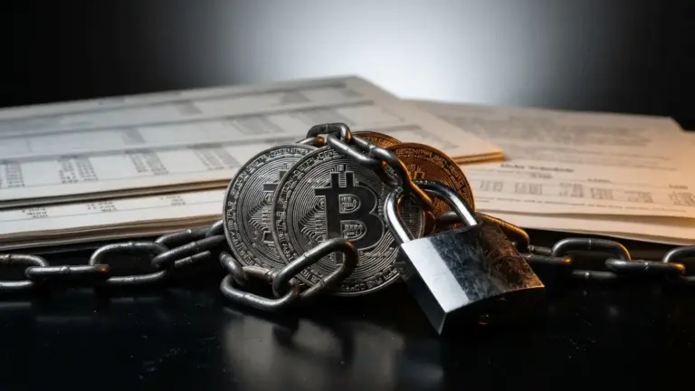 Bitcoin coins locked with chains and padlock on black surface with corporate debt documents in background