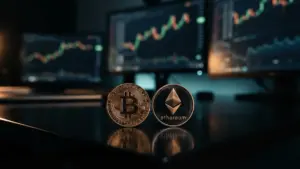 Bitcoin and Ethereum coins on trading desk with market charts showing ETF inflow recovery