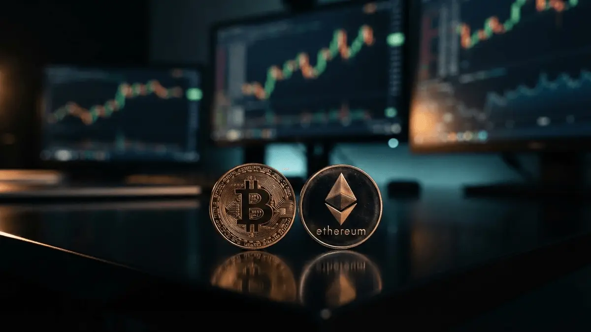 Bitcoin and Ethereum coins on trading desk with market charts showing ETF inflow recovery