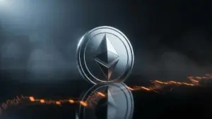 Ethereum coin emerging from dark surface with glowing price charts and dramatic lighting