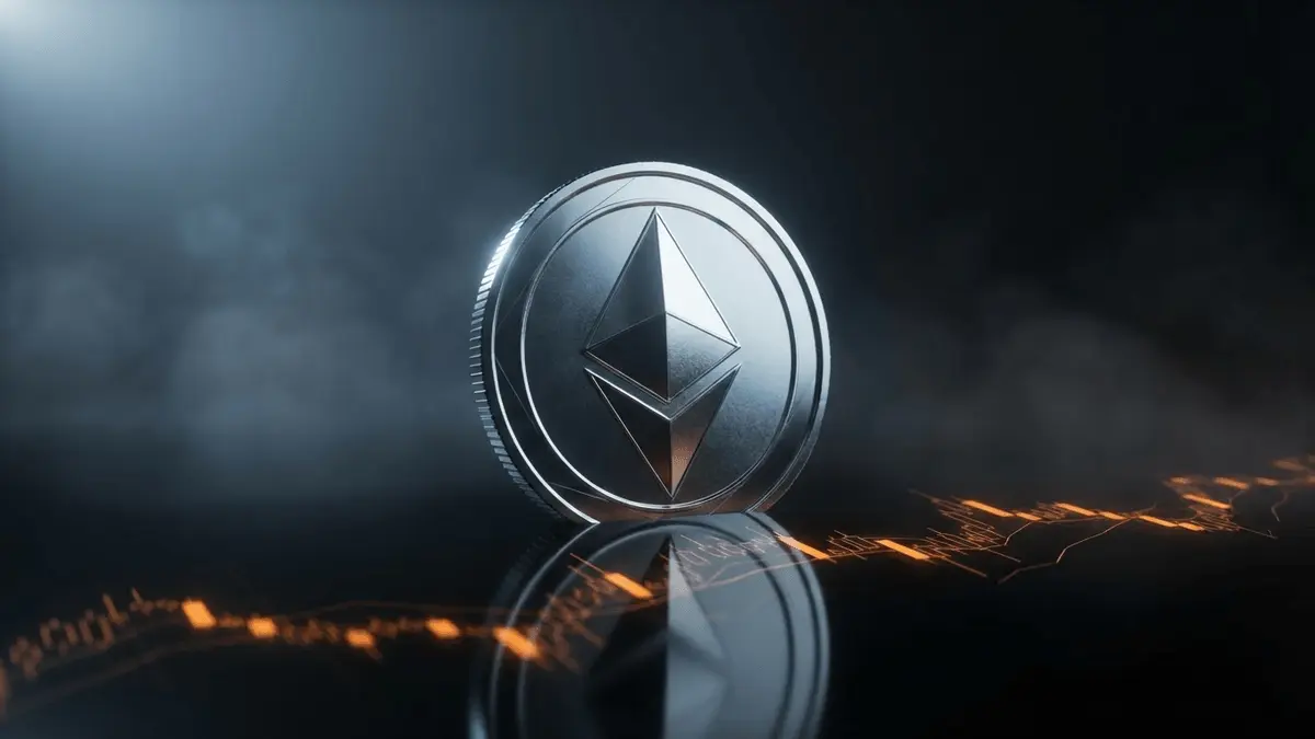 Ethereum coin emerging from dark surface with glowing price charts and dramatic lighting