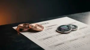 Ethereum and Solana coins stacked with quarterly calendar pages on dark surface with accent lighting