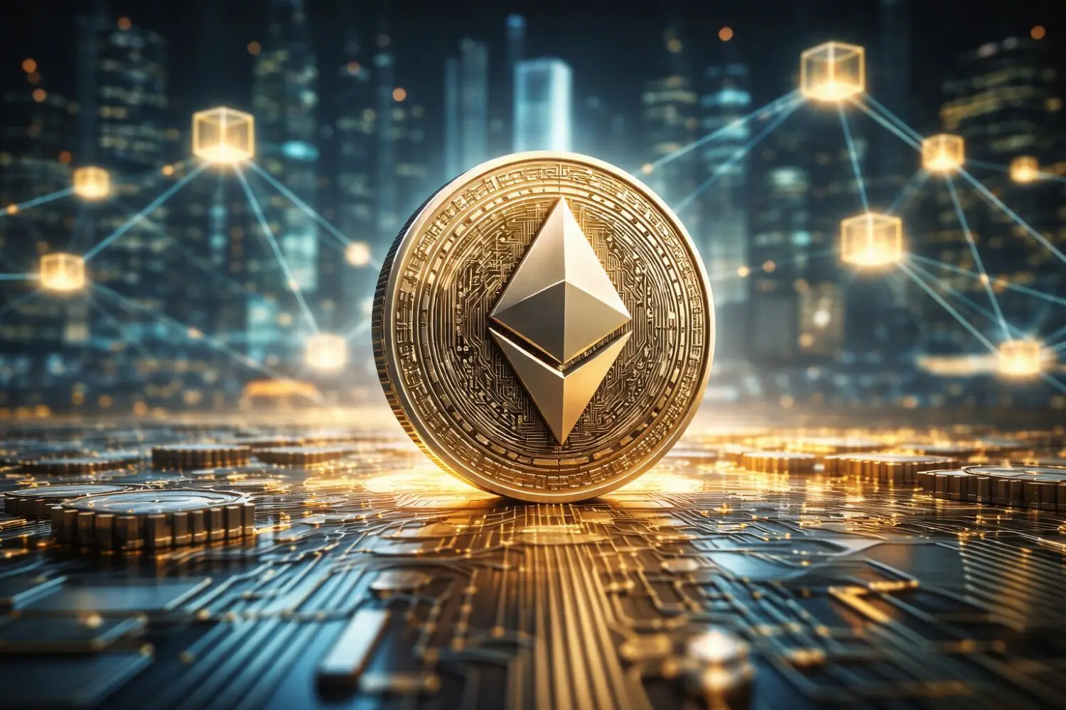 Ethereum cryptocurrency coin displayed on a digital financial background.