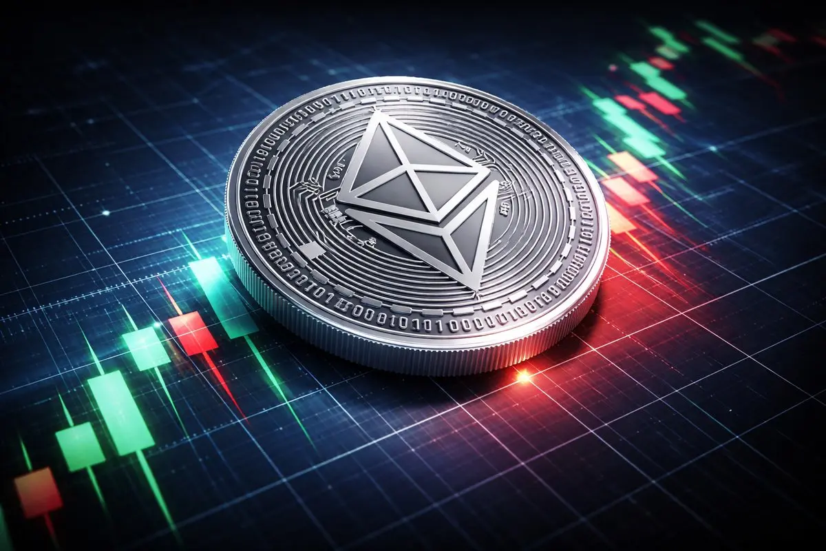 3D rendering of a silver Ethereum coin on a digital trading chart background.