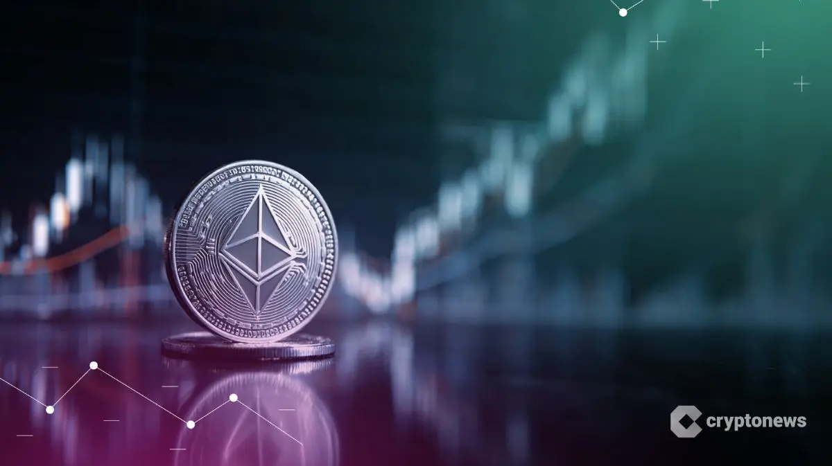Silver Ethereum cryptocurrency coin in foreground with a price chart background.