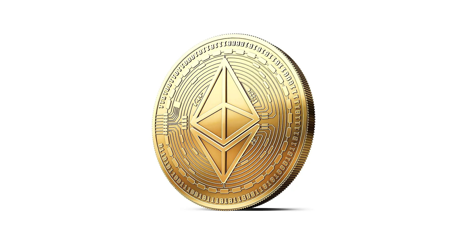 Physical Ethereum ETH coin with circuit patterns and logo on one side
