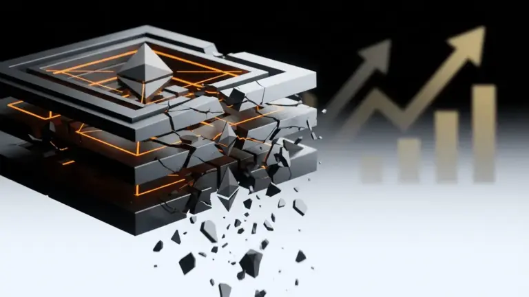 Ethereum Layer 2 network structure fragmenting with institutional growth signals in background