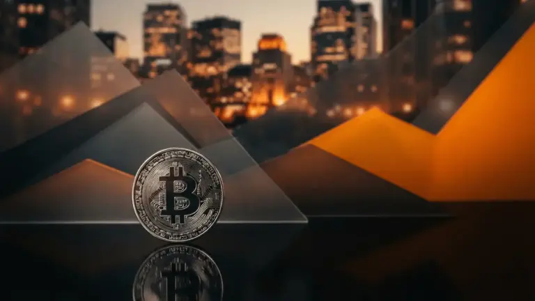 Bitcoin coin with abstract market data planes and financial district backdrop