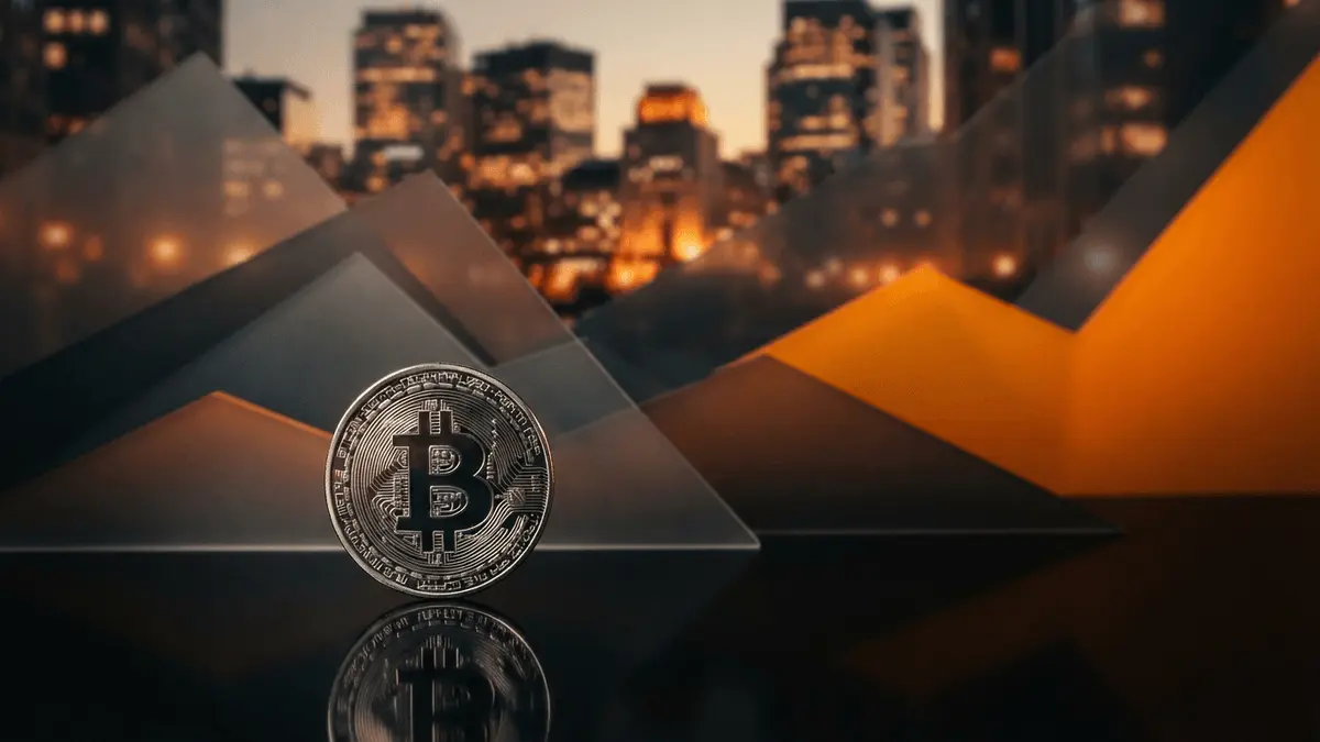 Bitcoin coin with abstract market data planes and financial district backdrop