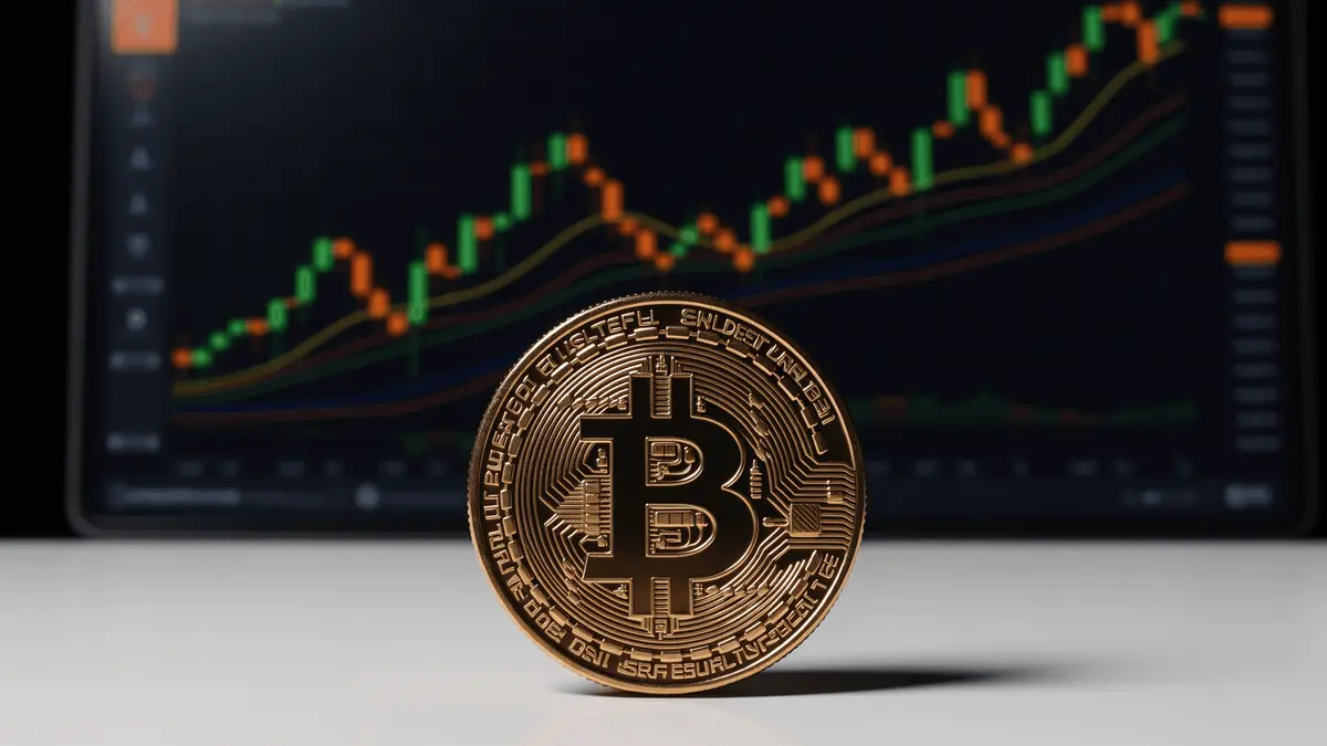 Bitcoin coin with ascending trading charts showing ETF market recovery and positive inflows