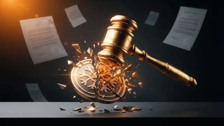 Gavel striking cryptocurrency token symbolizing FTC enforcement action against Celsius Network founders