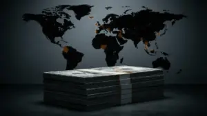 Stack of cash with world map showing blocked regions in FTX creditor distribution