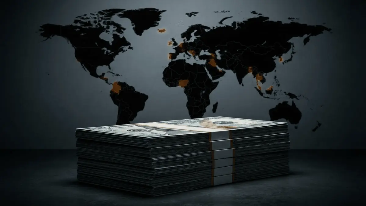 Stack of cash with world map showing blocked regions in FTX creditor distribution