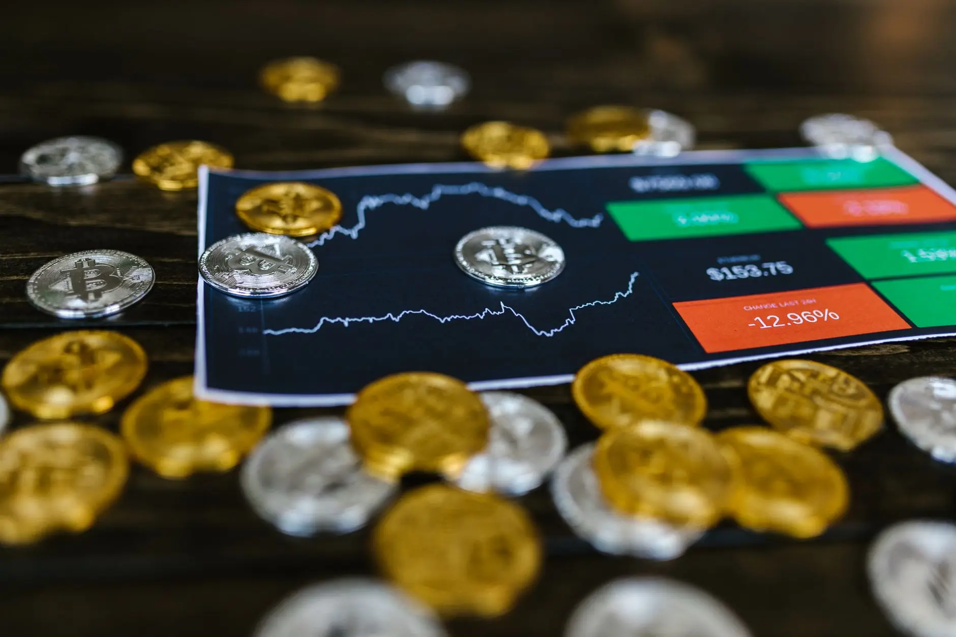 A chart showing Bitcoin prices surrounded by several cryptocurrency coins.