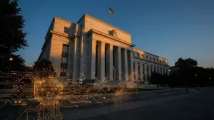 Federal Reserve building with digital circuit overlay representing CBDC ban legislation