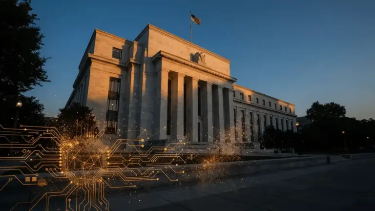 Federal Reserve building with digital circuit overlay representing CBDC ban legislation