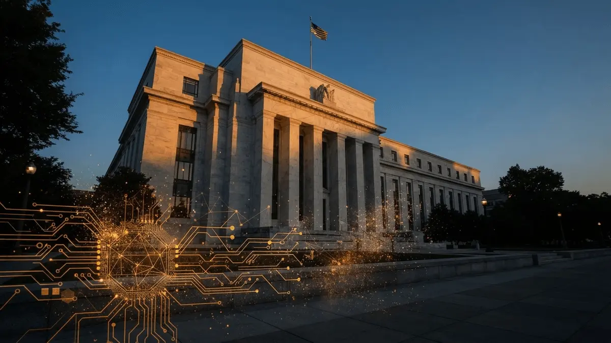Federal Reserve building with digital circuit overlay representing CBDC ban legislation