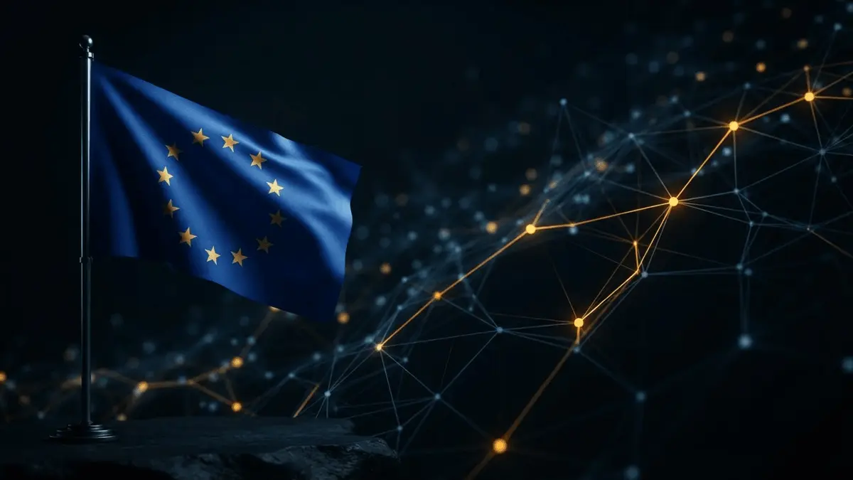European Union flag with blockchain network visualization representing crypto regulatory enforcement