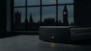 Cryptocurrency hardware device with UK Parliament silhouette representing regulatory compliance risk
