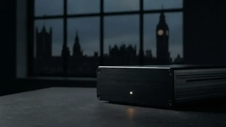 Cryptocurrency hardware device with UK Parliament silhouette representing regulatory compliance risk