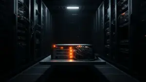 Isolated network gateway with orange warning lights in dark server room infrastructure