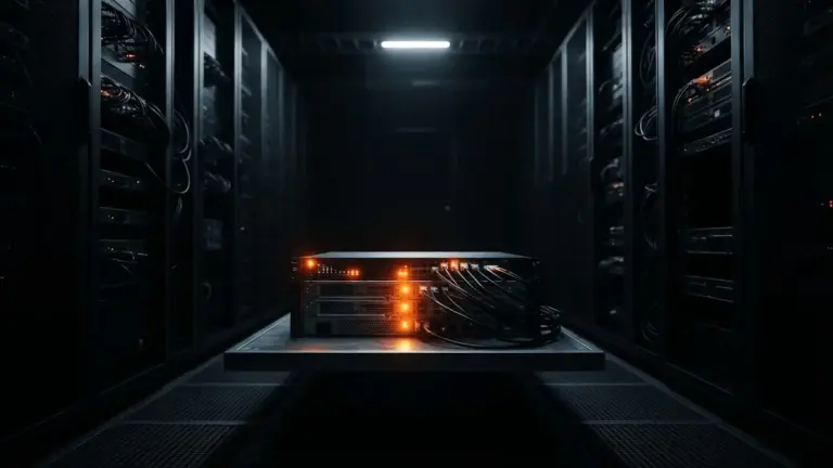 Isolated network gateway with orange warning lights in dark server room infrastructure