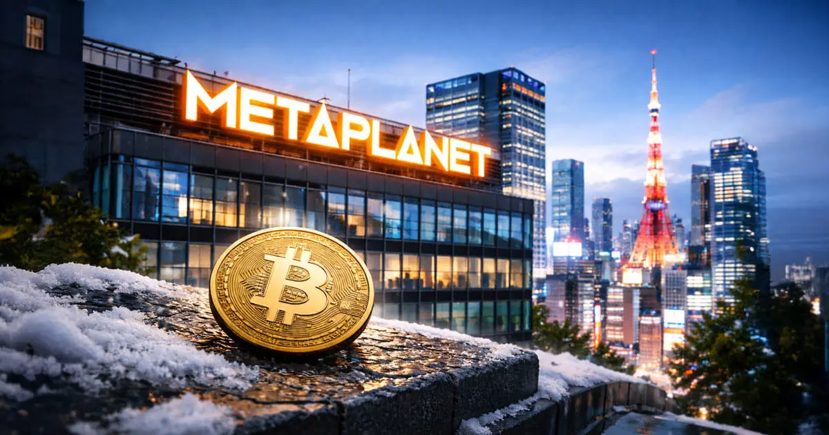 A physical Bitcoin coin in the foreground with a Metaplanet building and Tokyo Tower in the background.